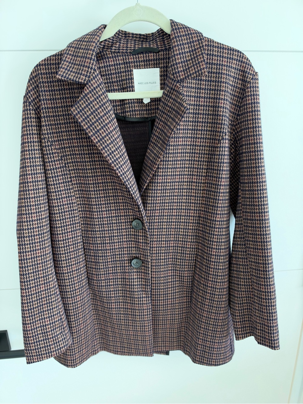 Avec Les Filles Houndstooth stretch Blazer Jacket in Brown and Navy